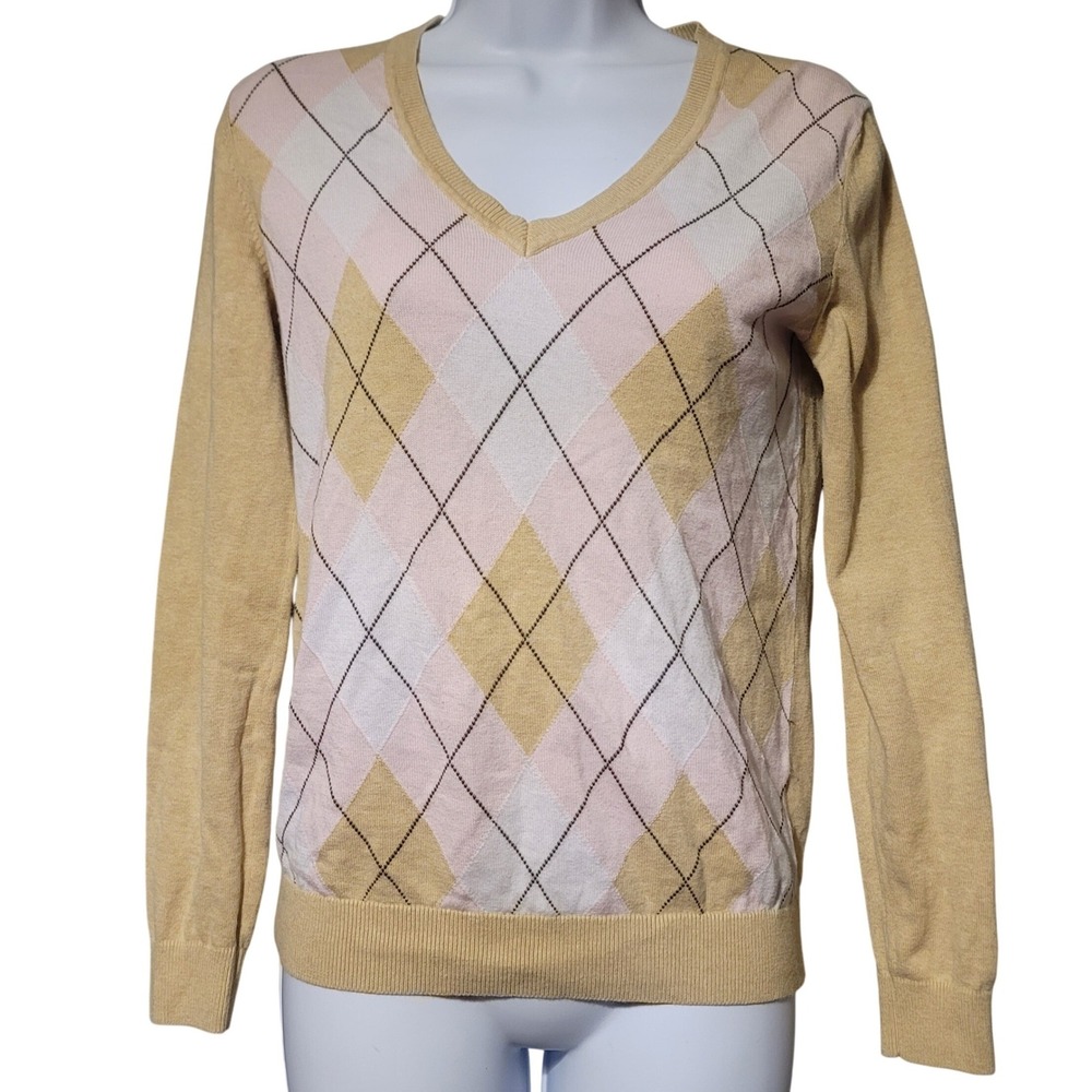 Tommy Hilfiger Womens Argyle V-Neck‎ Sweater Yellow Pink 100% Pima Cotton Size S